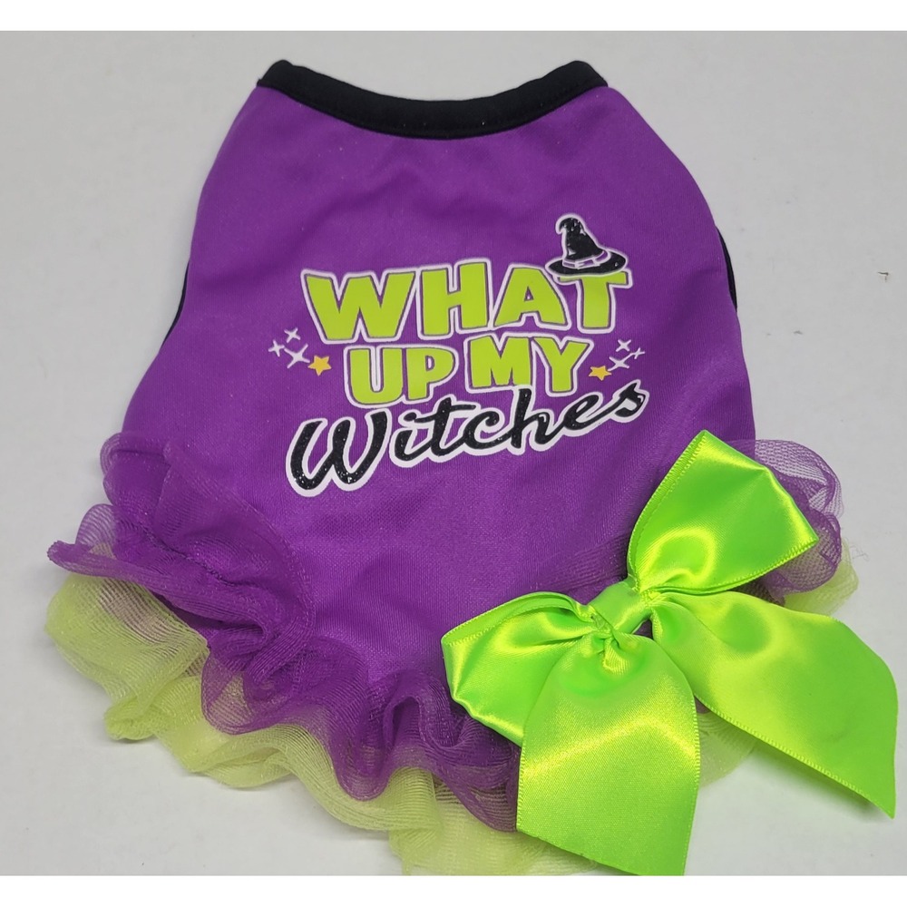 SimplyDog Halloween What Up My Witches Purple Tutu Dog Dress Lime Green‎ Bow S
